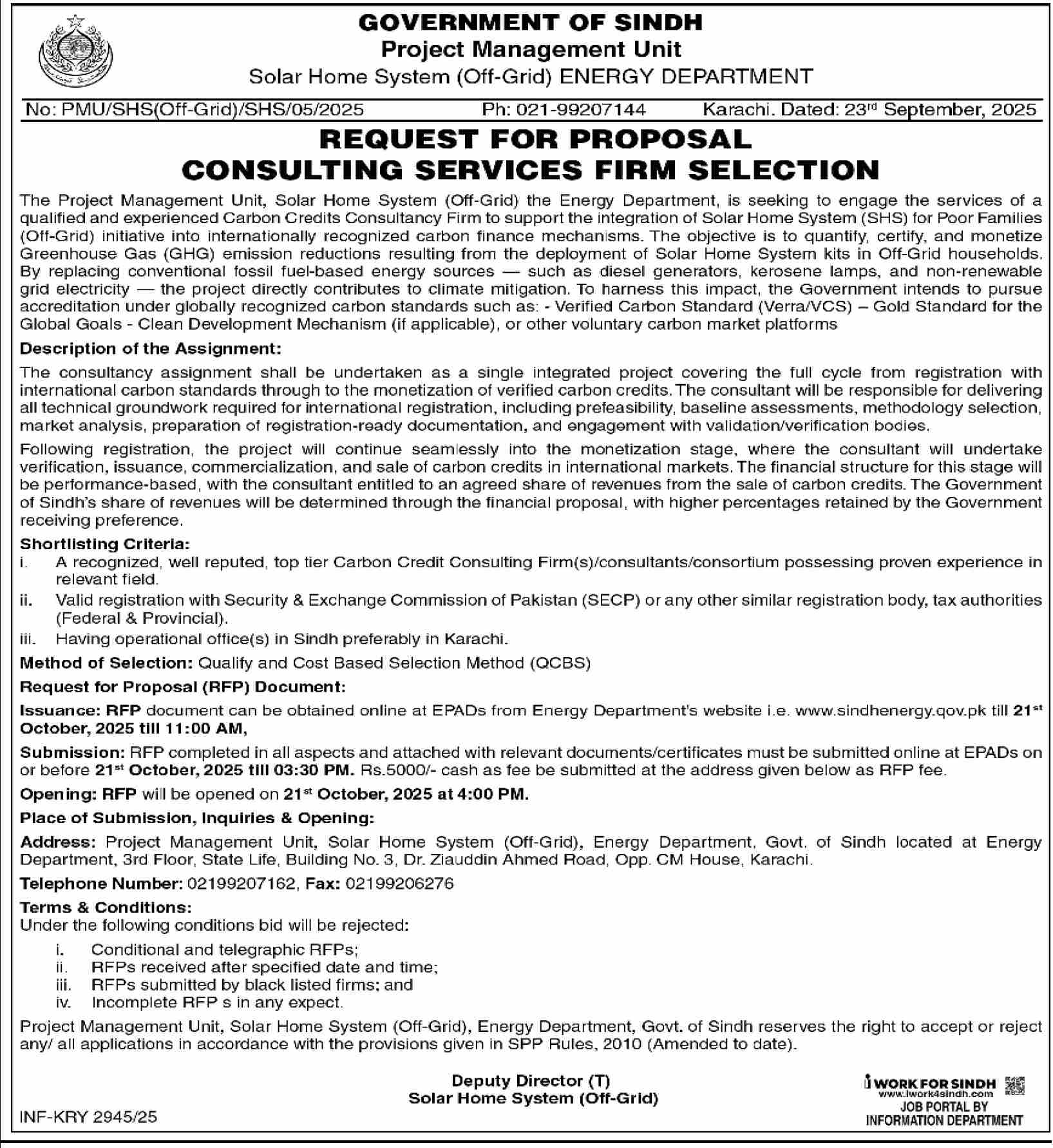 Solar Home System Energy Department Karachi Tender Notice